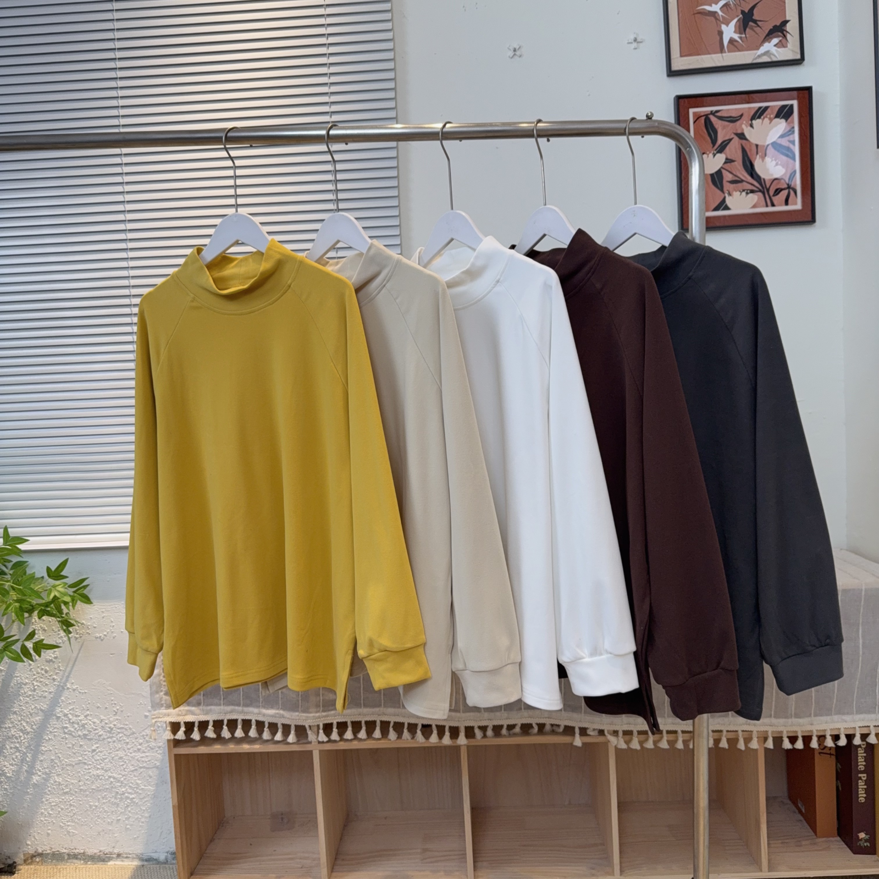 日系冬款高领长袖T恤打底宽松显瘦百搭上衣下摆开叉设计