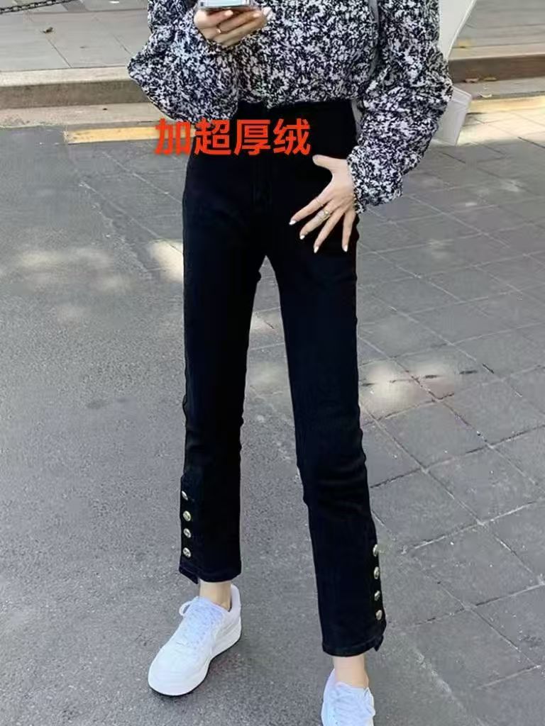 大码加绒加厚黑色牛仔裤女2025新款高腰显瘦弹力烟管裤九分裤9957