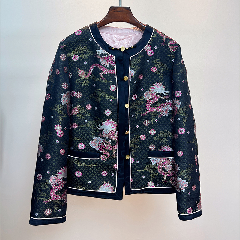  拉贝碧 新中式桑蚕丝宋锦复古拼接夹棉短外套棉服