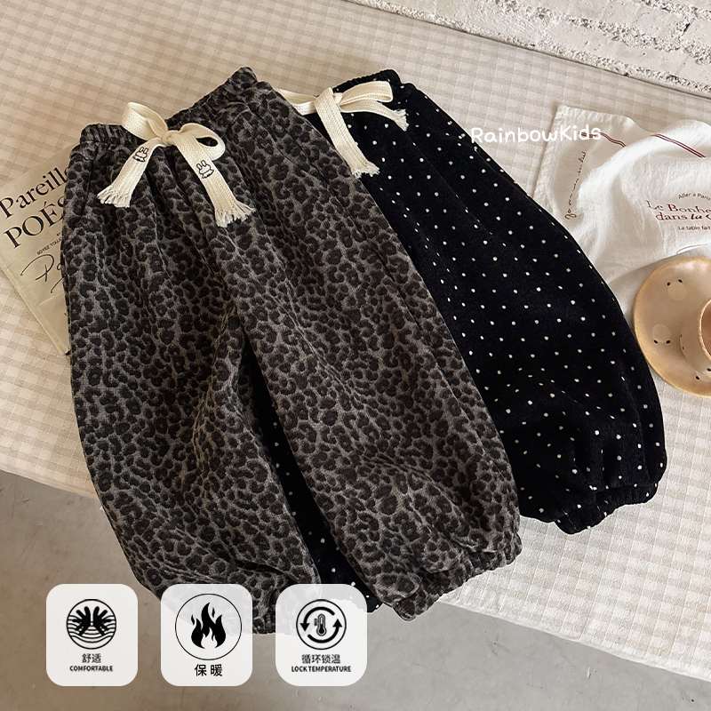 【彩虹家】2025深秋冬女童加绒豹纹裤波点裤套装-98178