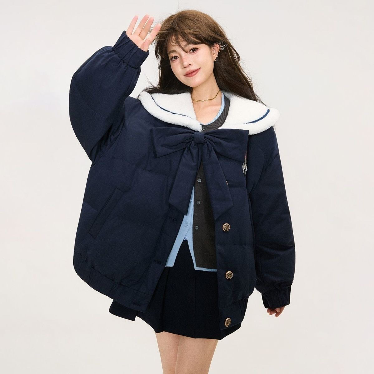 大码胖MM学院风海军领短款棉服女冬季复古减龄加厚棉衣外套藏蓝色