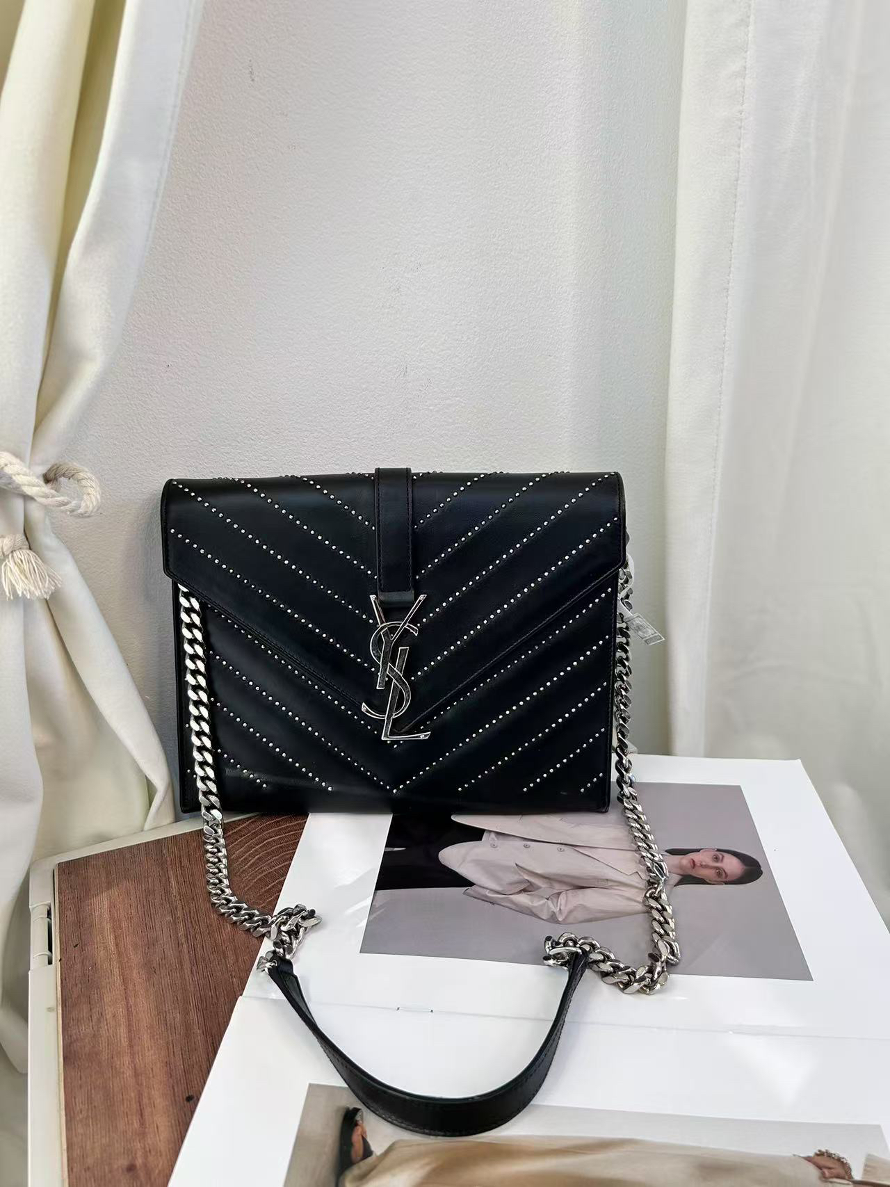 95新 YSL/圣罗兰 黑银单肩斜跨包时尚百搭