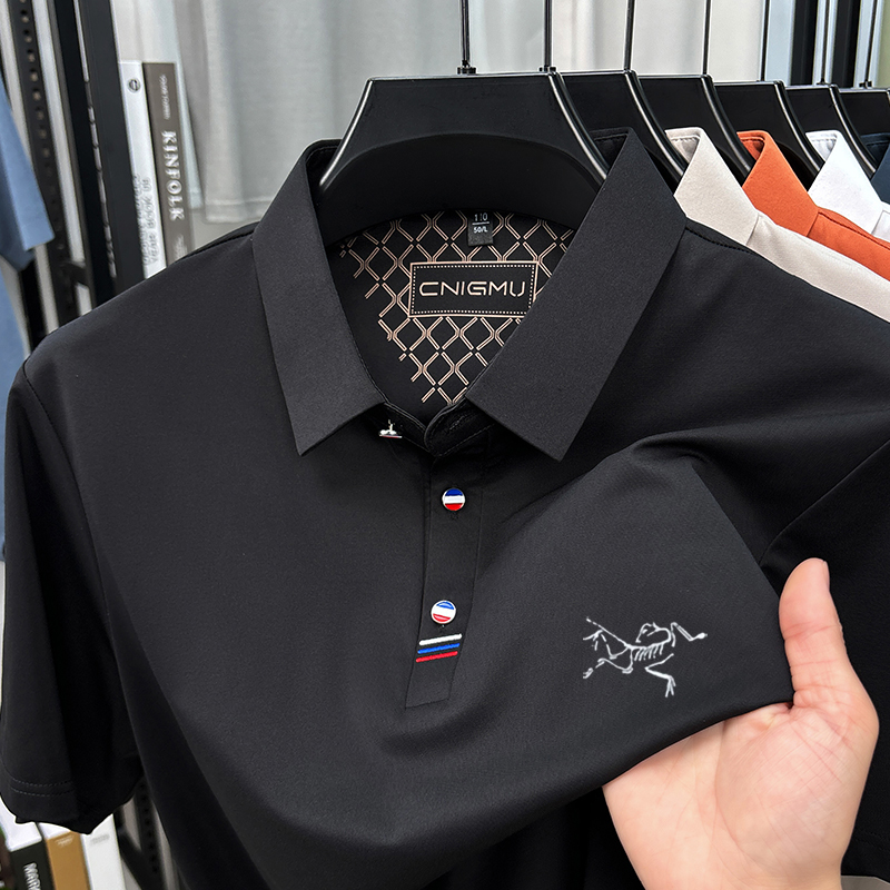 奥莱折扣刺绣鸟半袖POLO衫夏季桑蚕丝新款商务休闲垂感短袖t恤男