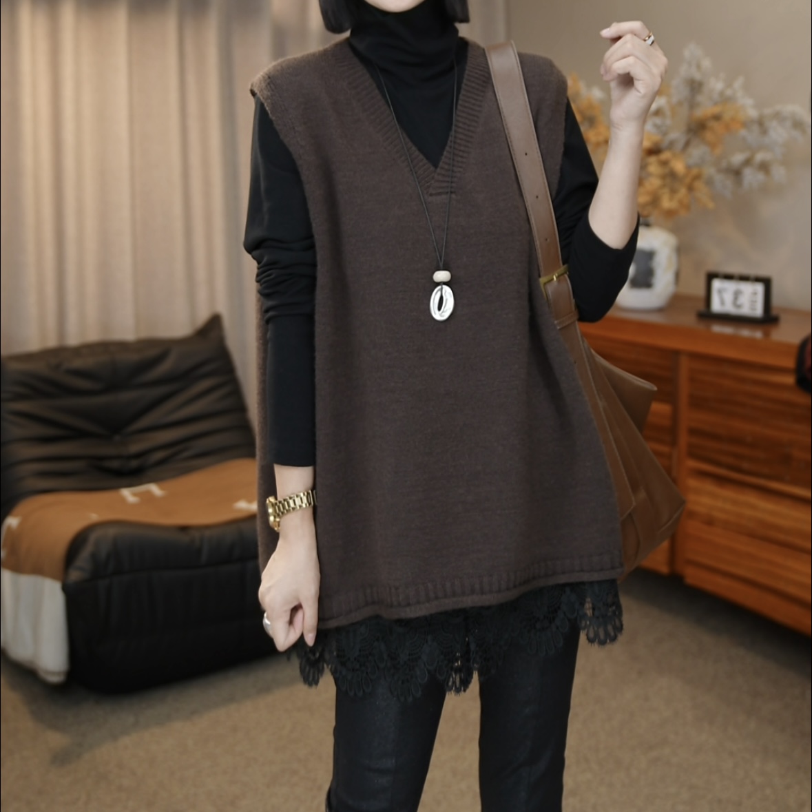 SZ&时尚减龄V领后背镂空扣子针织马甲F1900秋冬休闲百搭套头马甲