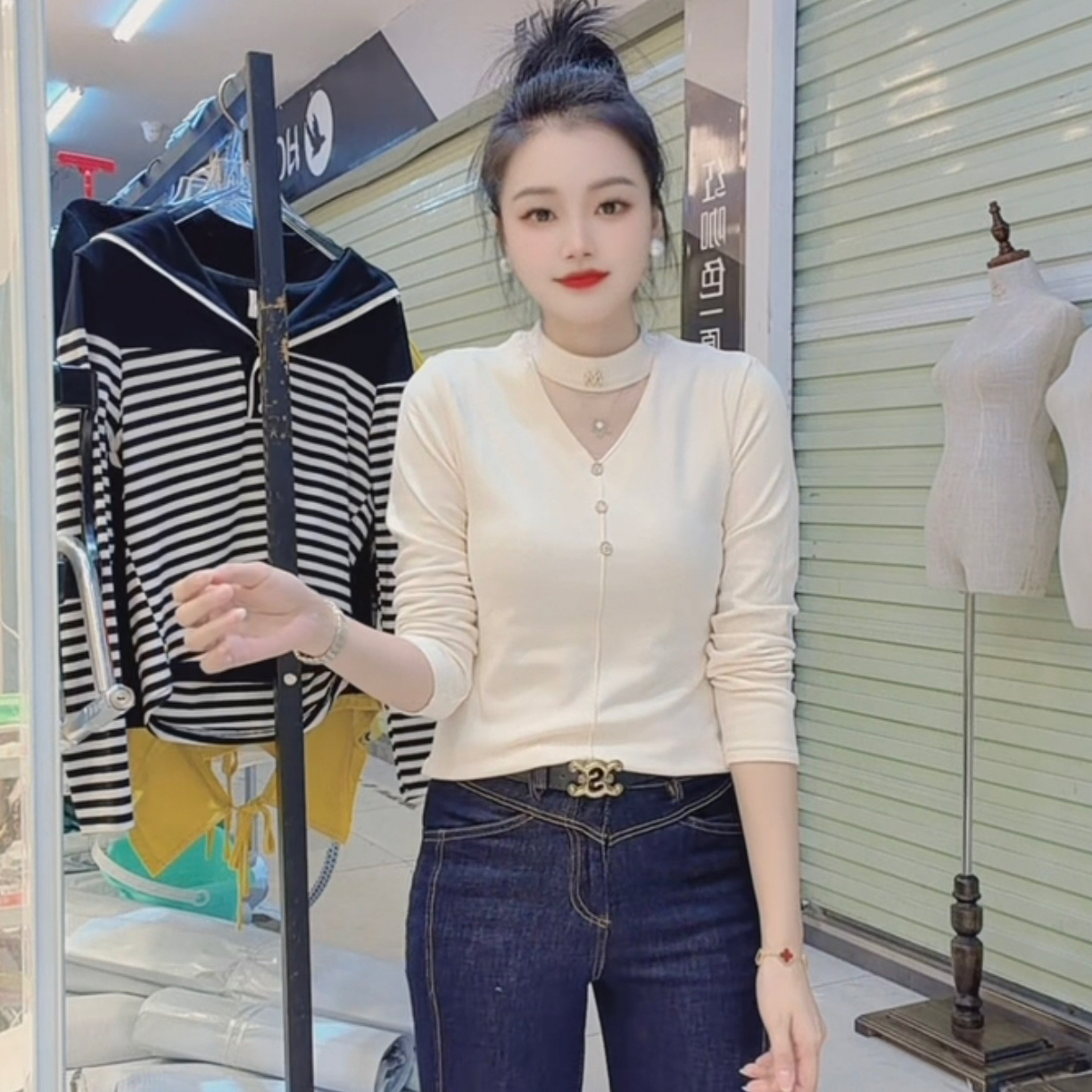 【小玉】新款网纱拼接修身显瘦时尚百搭秋冬保暖上衣