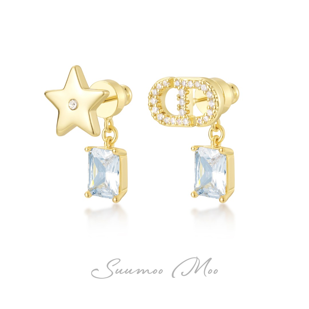 铜合金合成锆石耳饰 法式时尚星星锆钻吊坠耳环