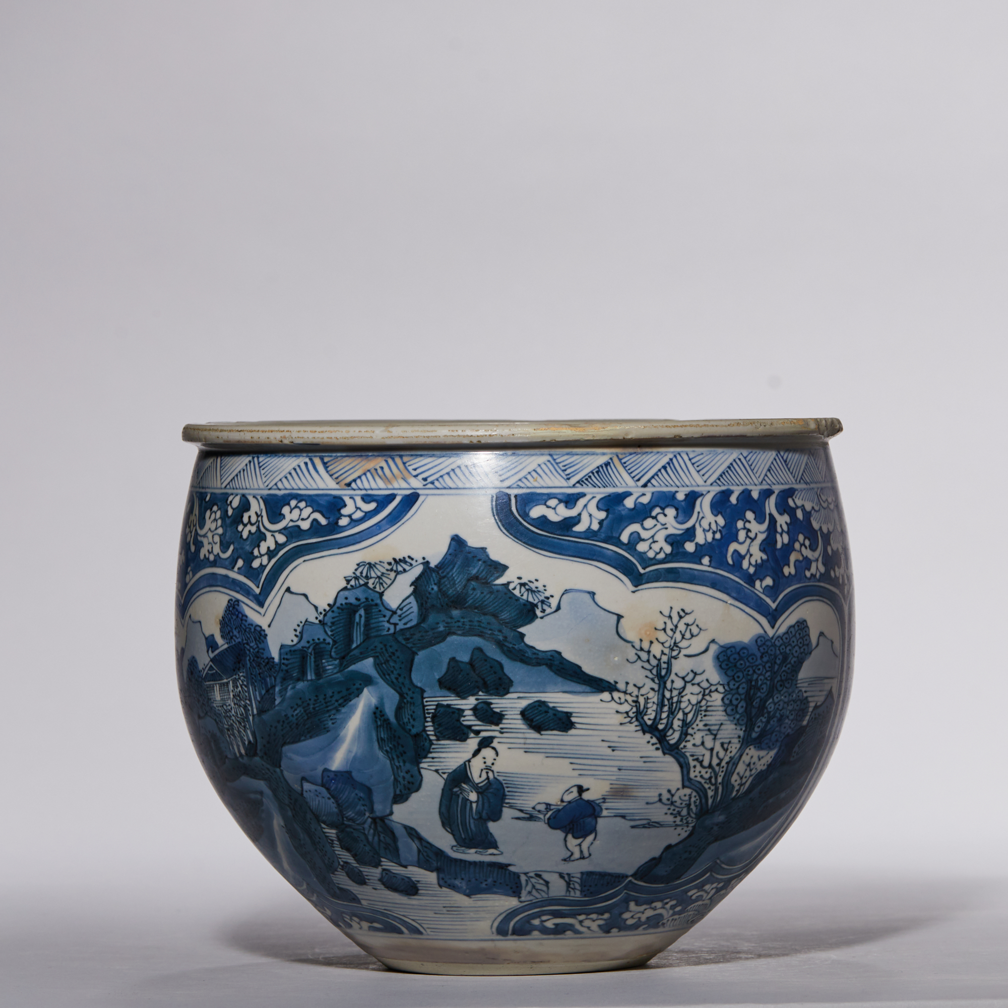 4532清康熙·青花山水人物卷缸【古董拍卖】