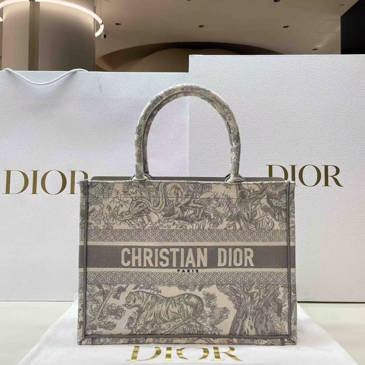 99新 DIOR/迪奥 壹所奢品/ tote 中号 灰色动物园托特手提包 临时