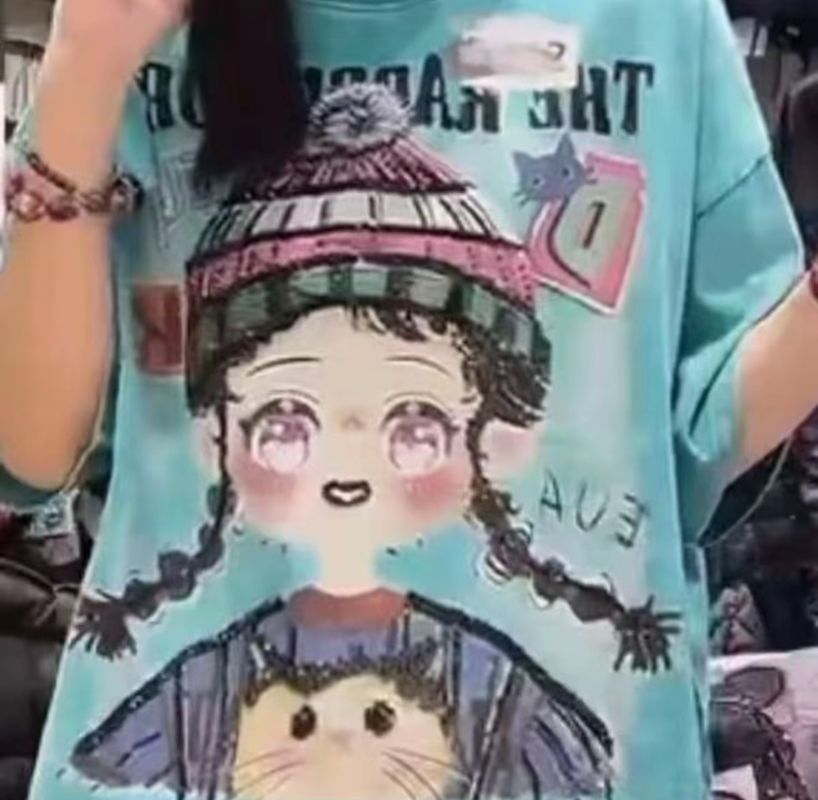 夏季新款重工潮牌短袖双辫子女孩可爱T恤054