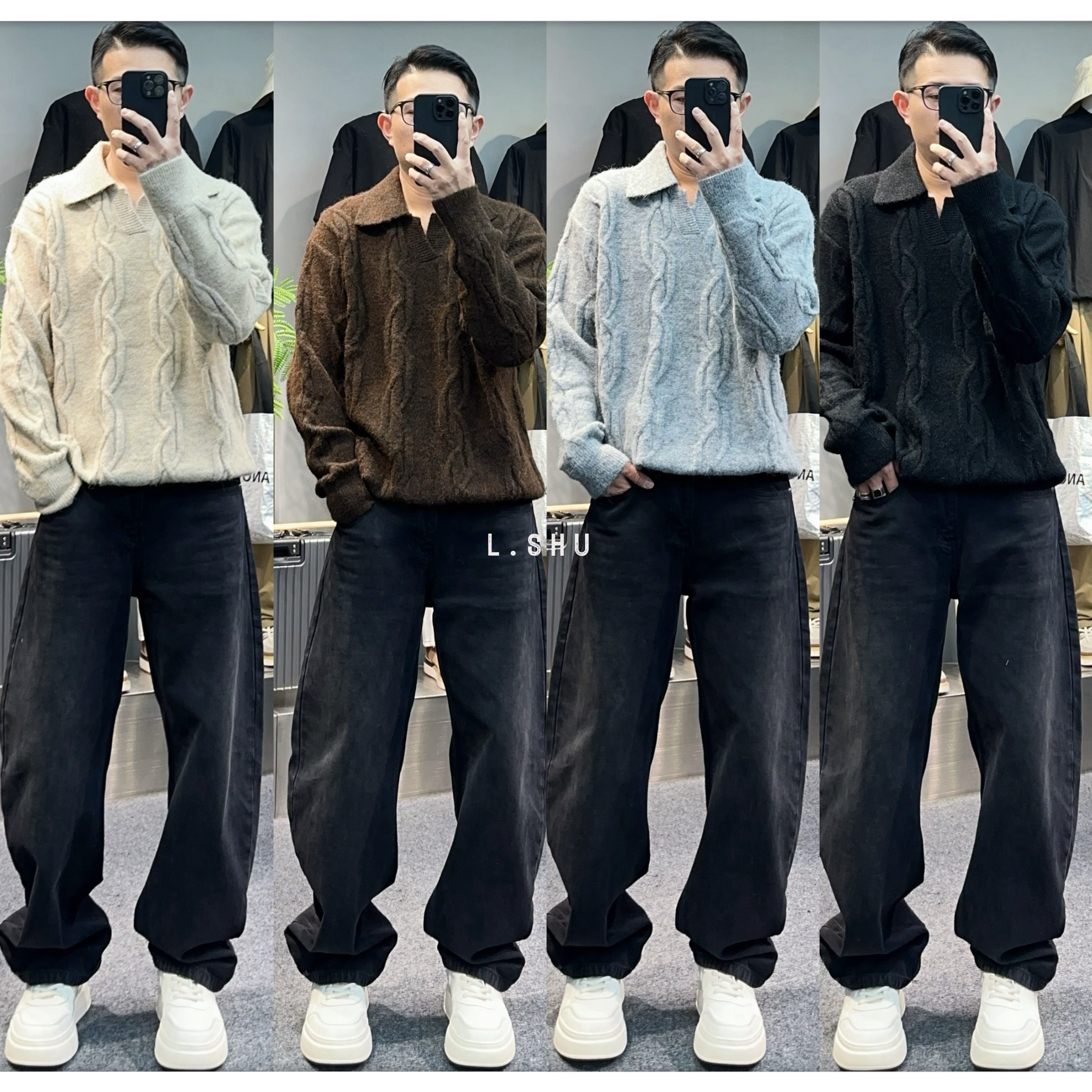 梁叔-秋冬复古老钱海鸥领时尚休闲宽松针织衫毛衣混纺提花SA8399