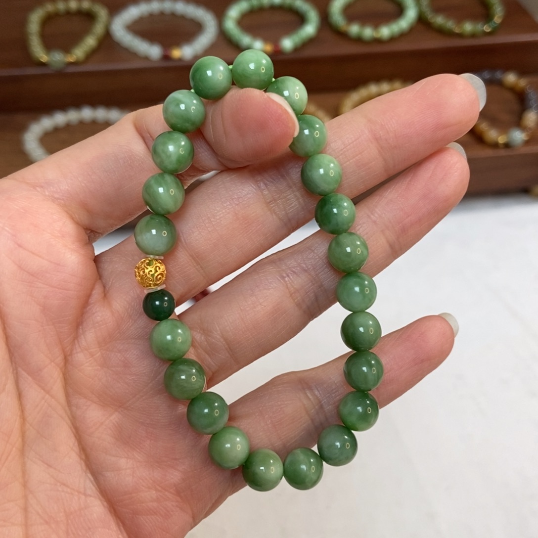 和田玉18K金镶嵌手链8mm黑阳洞碧玉精品