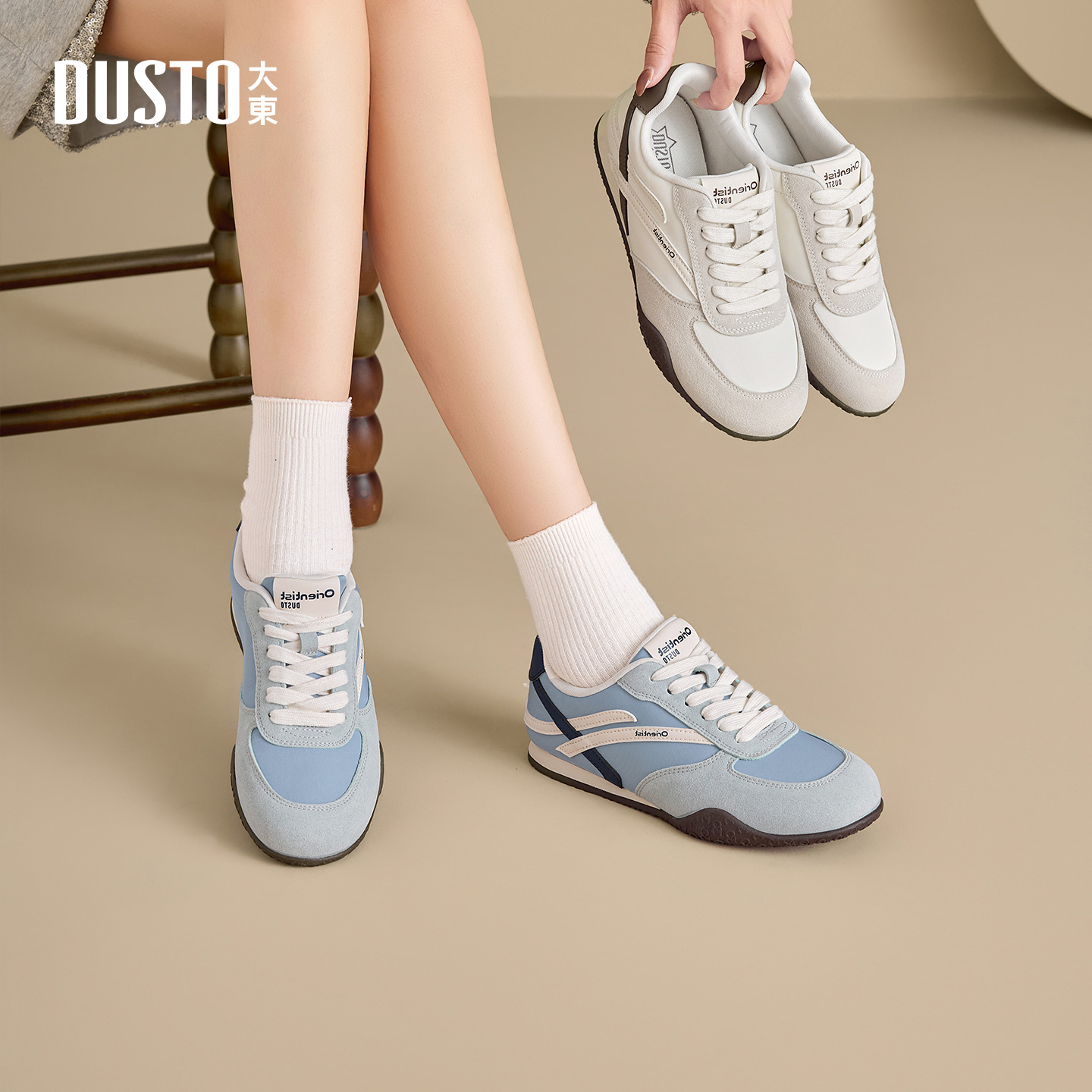 大东女鞋时尚休闲鞋2025秋冬新款拼色百搭软底舒适低跟阿甘鞋3107