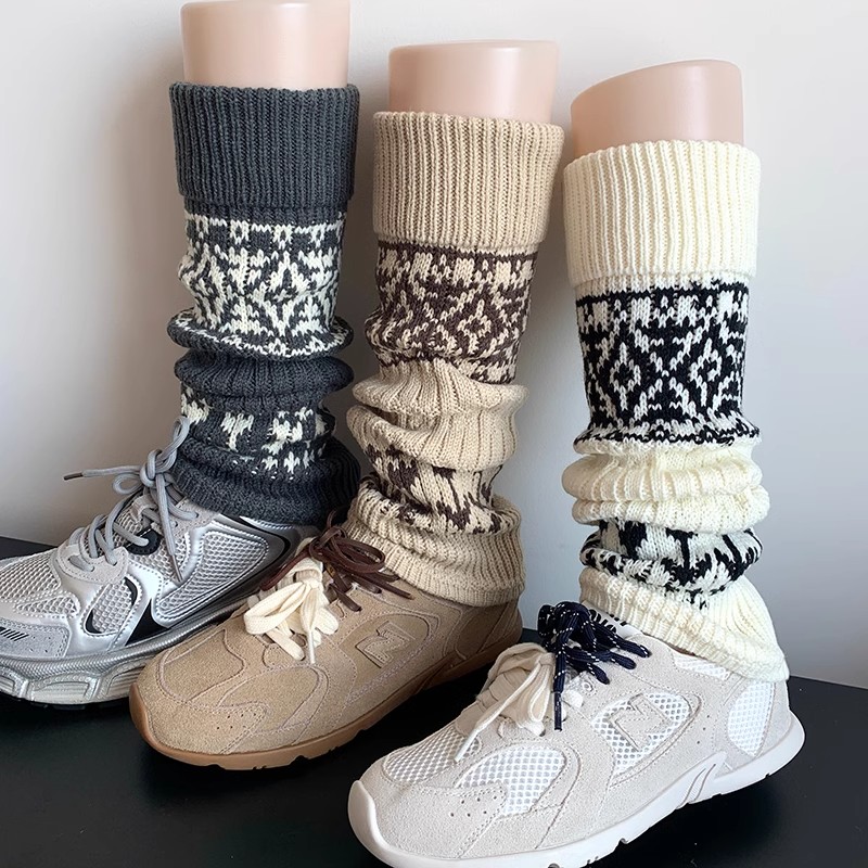 配雪地靴堆堆袜秋冬女袜套费尔岛风加厚针织羊毛腿套长筒袜小腿袜