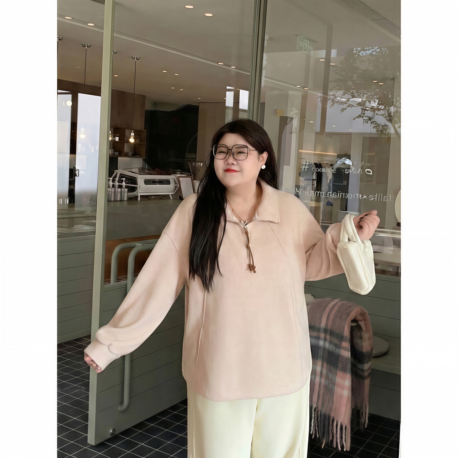 花契“柔雾芒果”大码女装冬季百搭200斤胖mm立领加绒卫衣30004-X