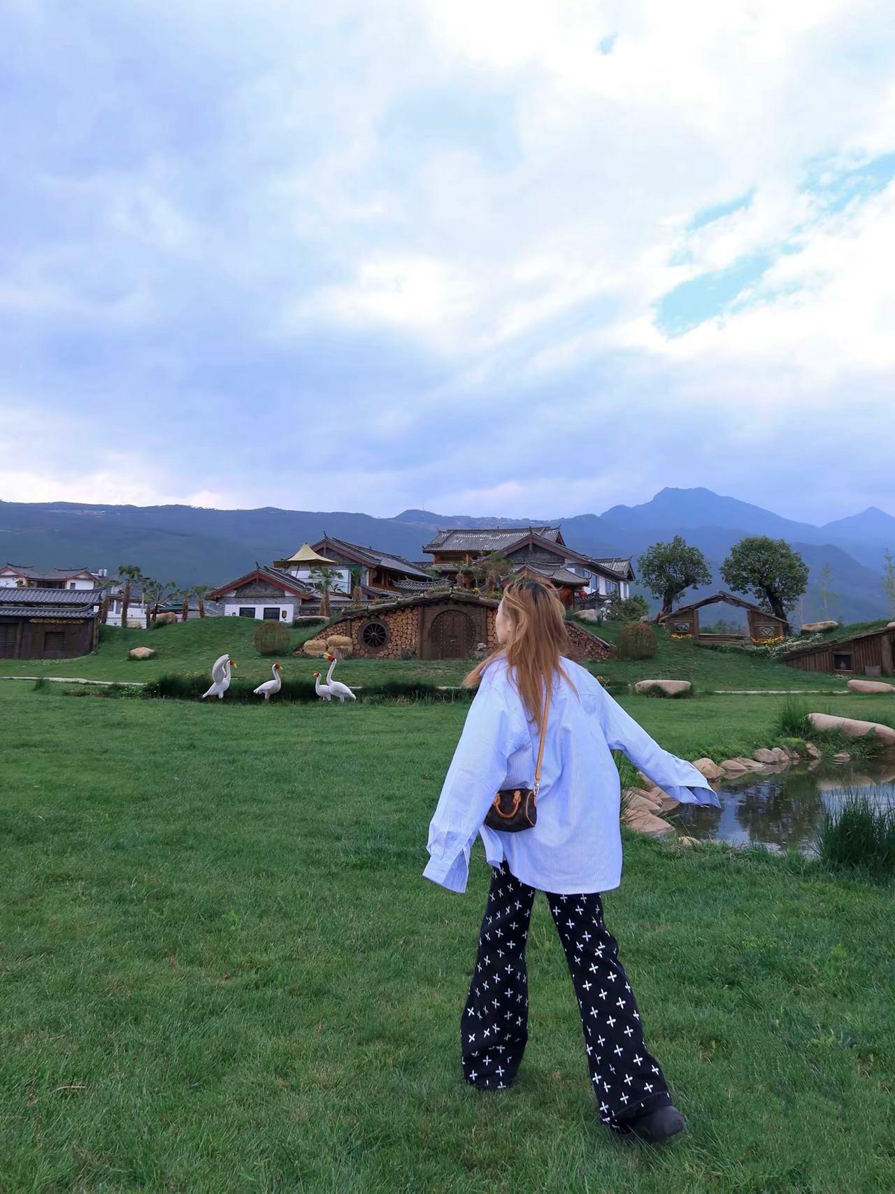 L时尚Nano经典老花可拆卸可调肩带帆布图层拼牛皮饰边枕头包单肩