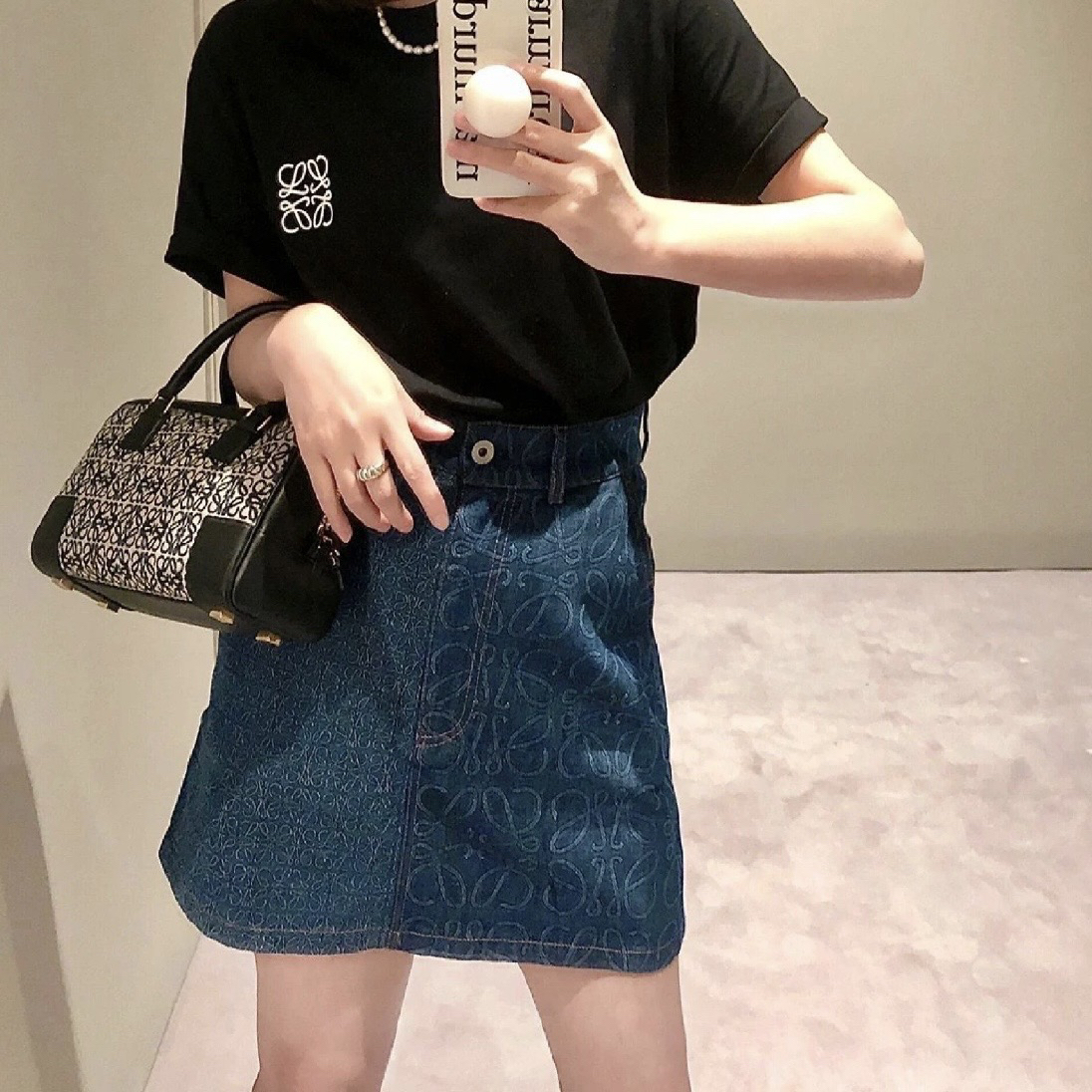 99新 LOEWE/罗意威 vem169 logo提花A字背后皮牌牛仔短裙 34码 棉