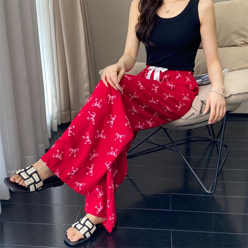 绵绸阔腿裤女夏季常规宽松睡裤家居裤显瘦裤子绿色长款阔腿裤印花