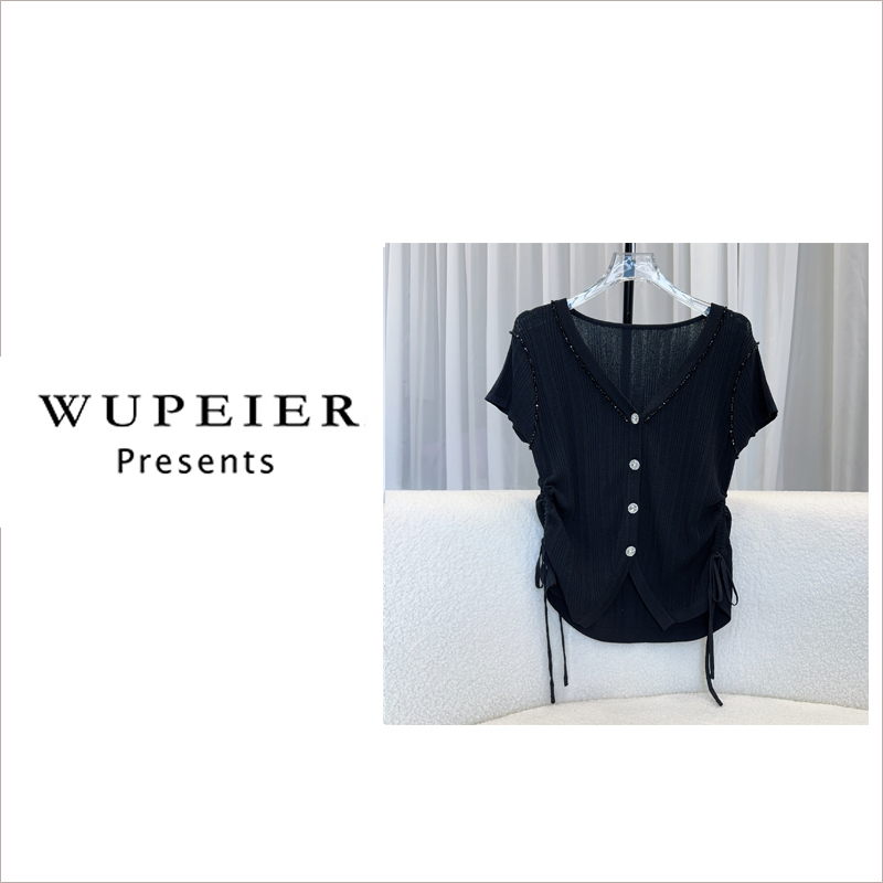 【轻若无物】针织休闲短袖纯色手工定制重工开衫夏季抽绳显瘦 W0029