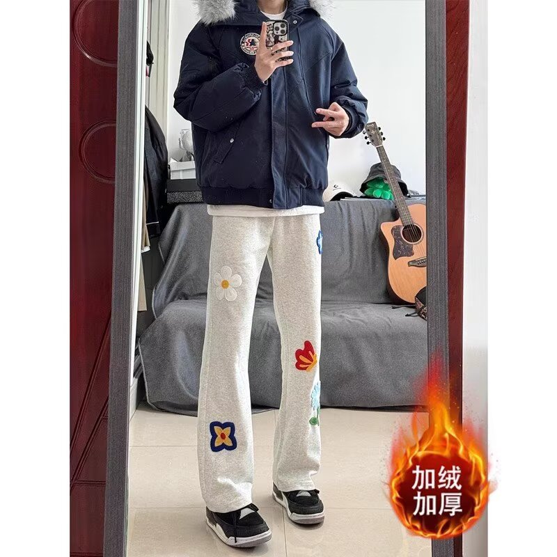 刺绣花卉设计感弯刀卫裤女春秋季显瘦微喇长裤情侣直筒运动休闲裤