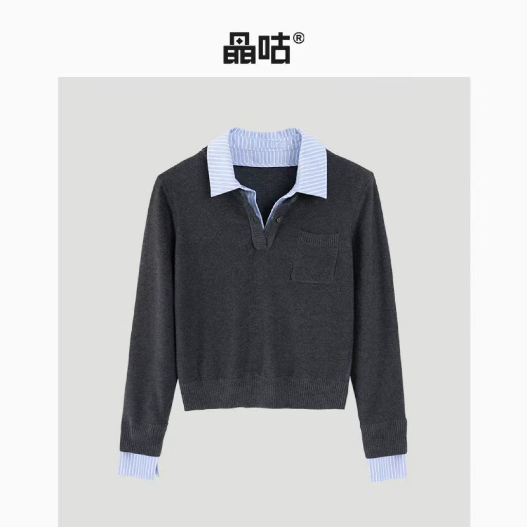 晶咕条纹假两件针织拼接polo翻领上衣