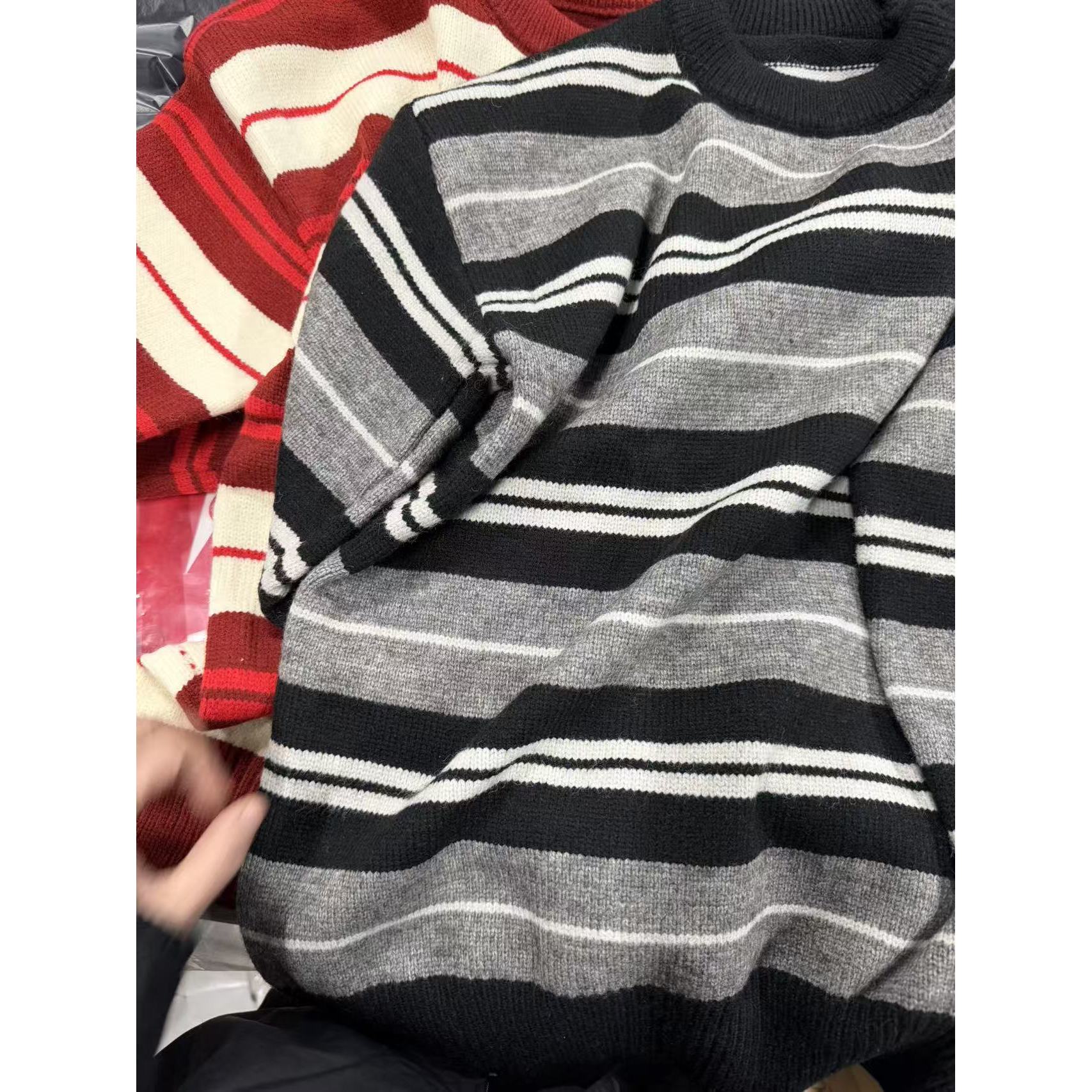 美式圆领撞色条纹保暖针织百搭长袖衫毛衣男女同款