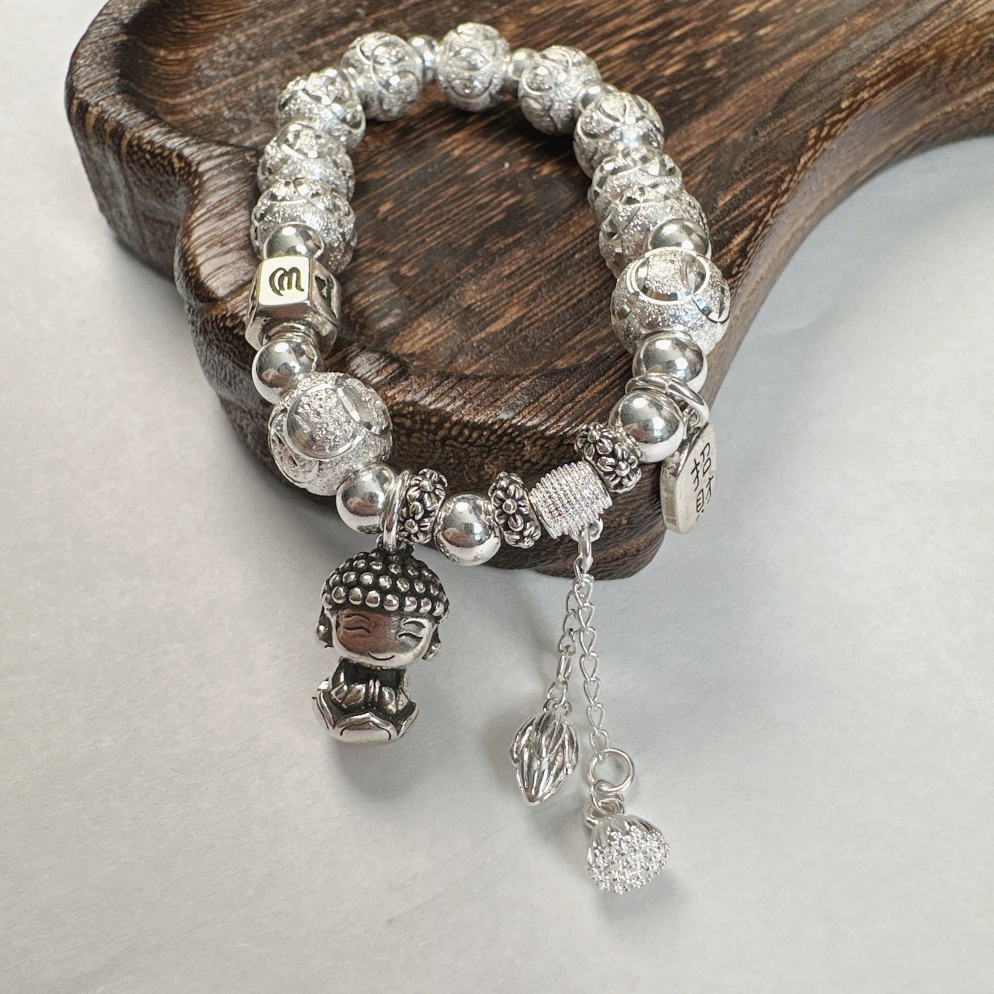 足银手链 莲花坐佛小佛手实心重工大珠珠时尚百搭