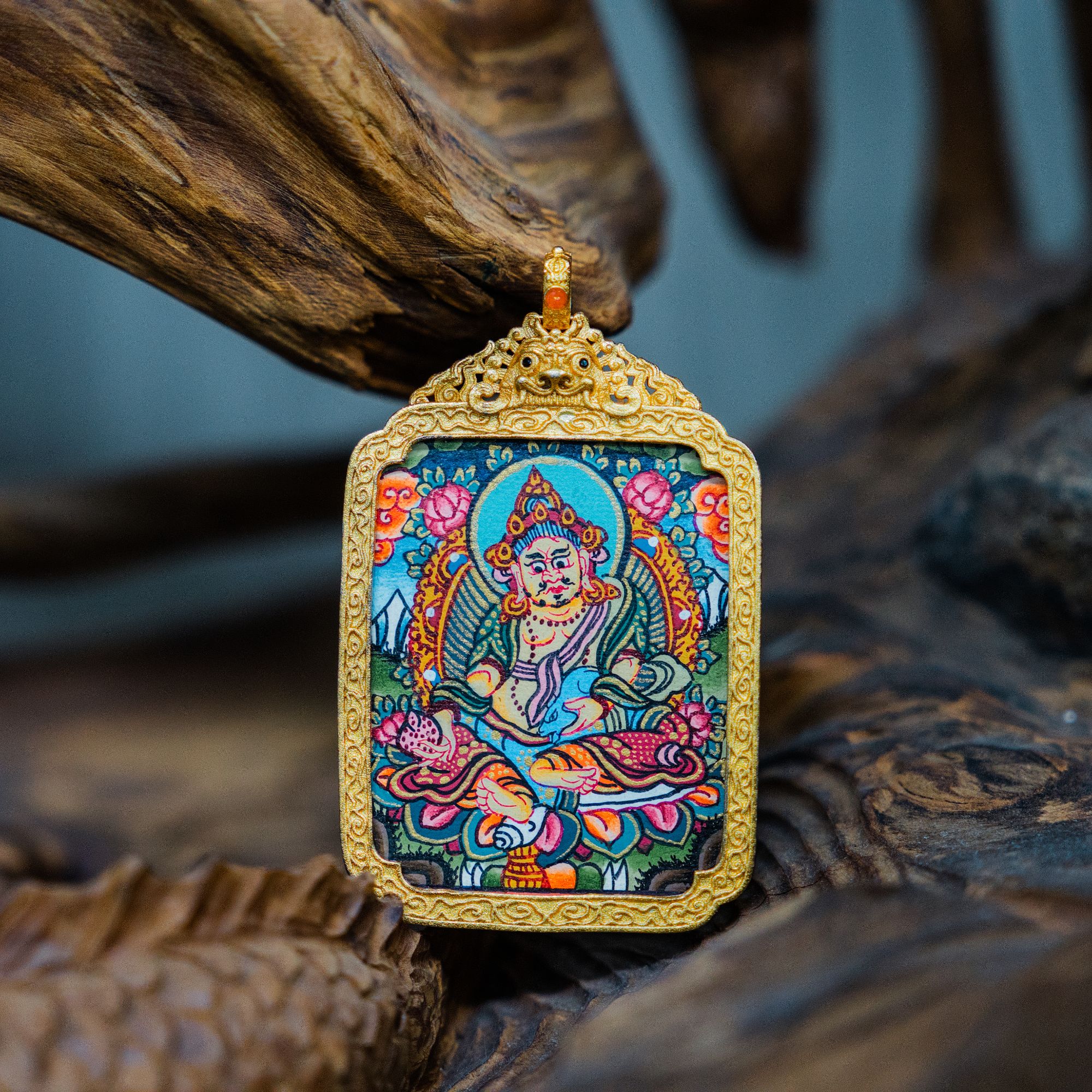 唐卡吊坠手绘唐卡纯手工纯手绘真品挂绳文玩配饰藏传文玩黄财神