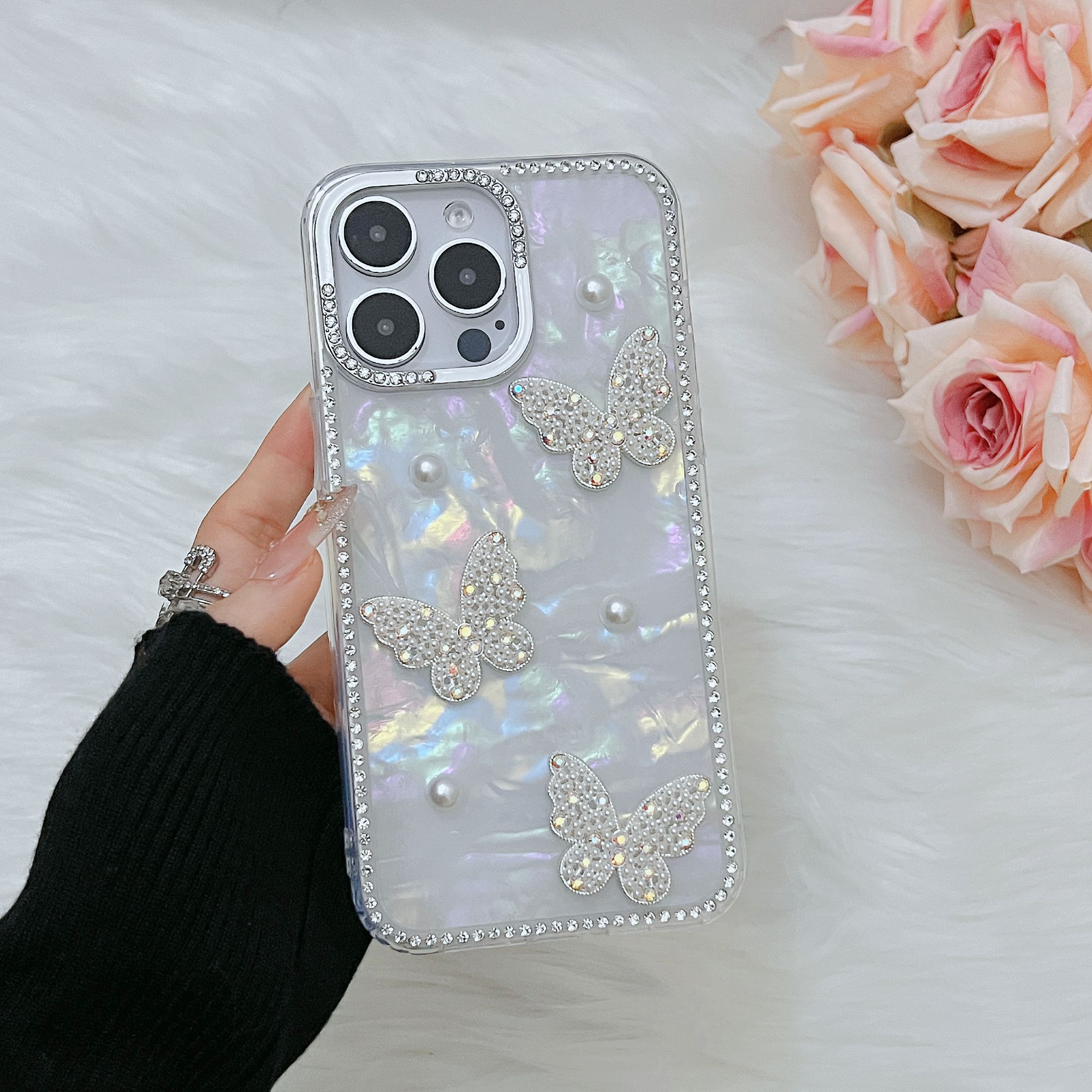 贝壳纹蝴蝶闪钻手机壳适用于苹果16promax全包