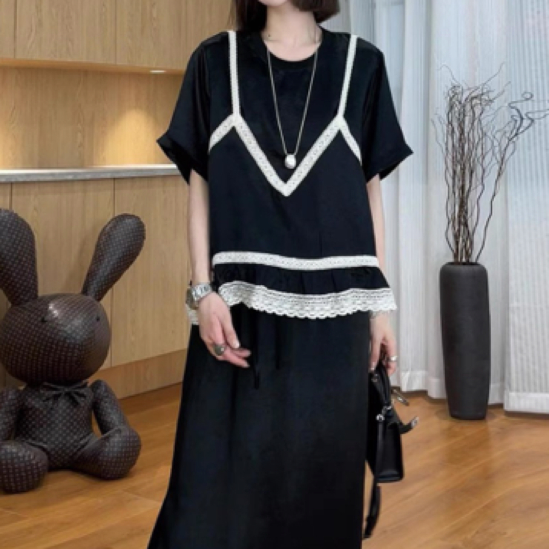 【婷姐家】欧货正版醋酸拼接蕾丝小众设计师款老钱风小衫短袖T恤