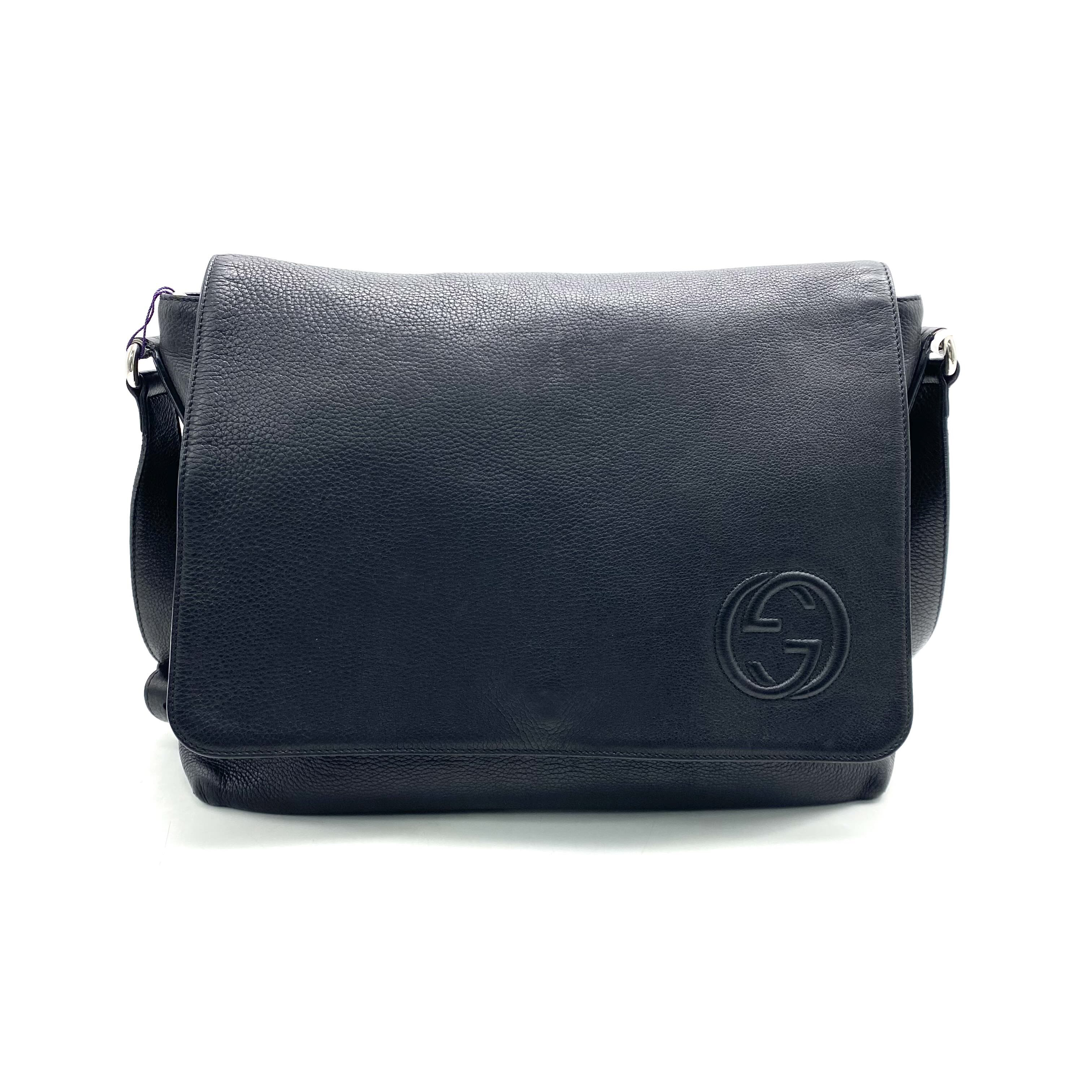 95新 GUCCI/古驰 黑色全皮翻盖邮差包尺寸36/28男士单肩休闲经典