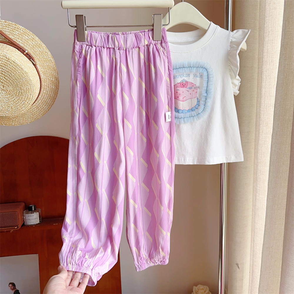 现货【人棉抖抖裤】7219束脚长裤女童夏季洋气时尚碎花防蚊裤子