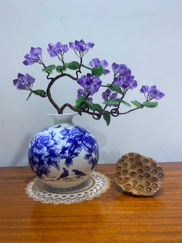 【卓越轻奢】青花牡丹天然紫水晶摆件陶瓷乔迁办公家居精美