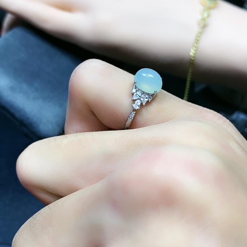 【闪购商品】岫玉戒指银S925镶嵌天青冻
