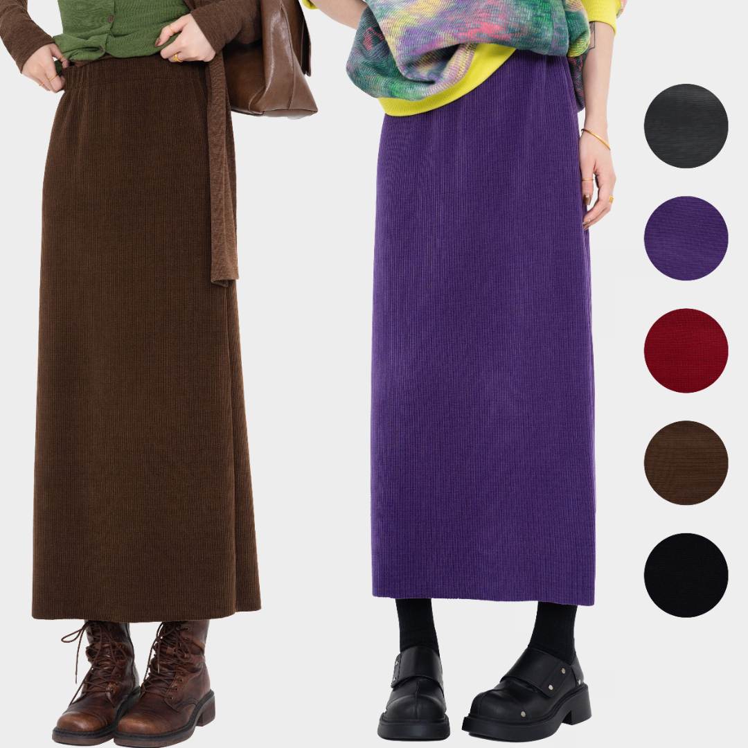 暴躁小明  <未央>复古灯芯绒高腰秋冬气质松紧腰中长款裙子/LC155