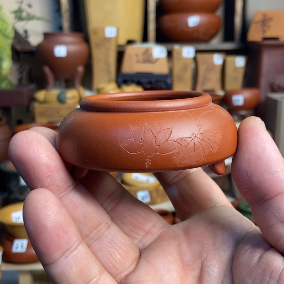 紫砂花盆孙伟手工制作带刻绘，内口经尺寸5×2
