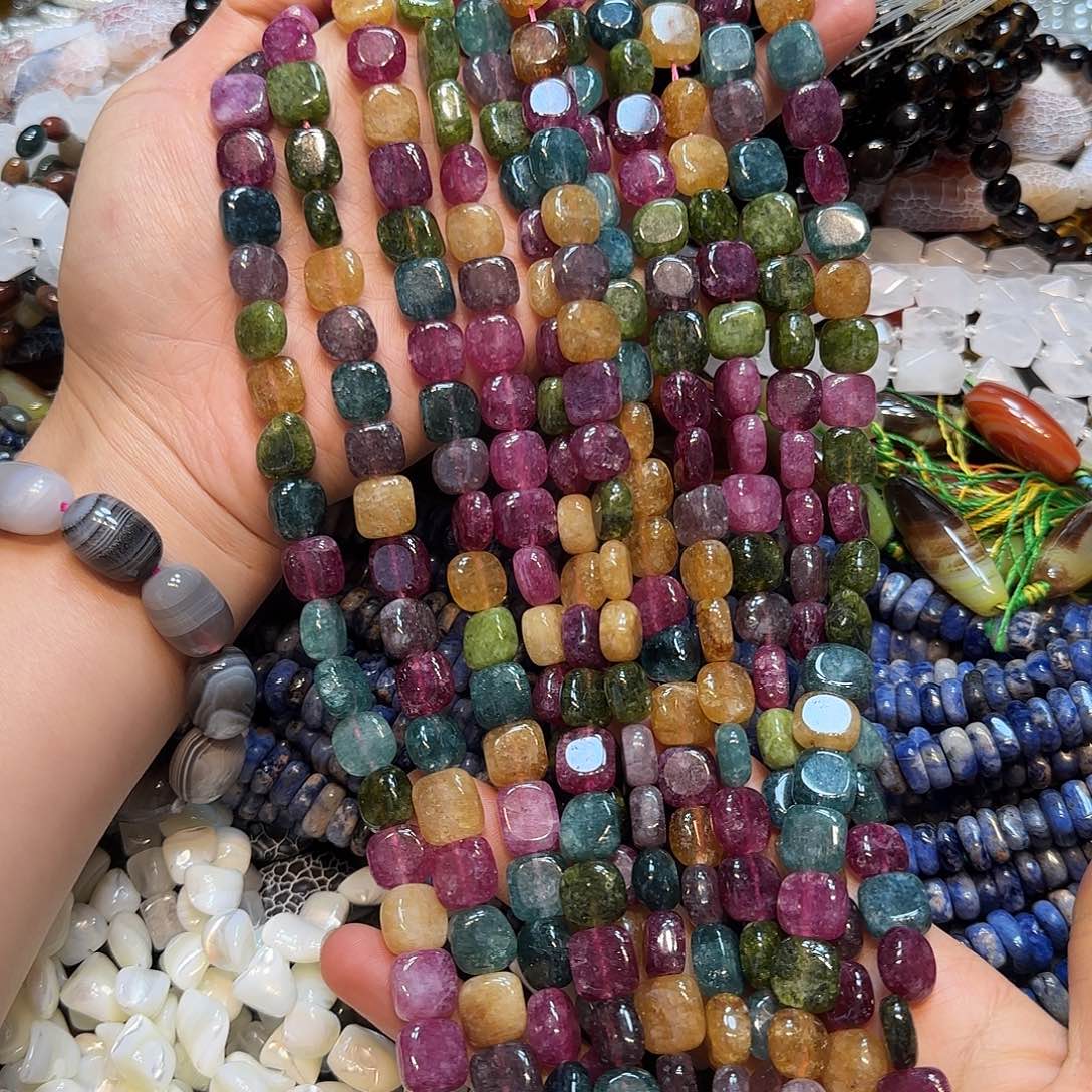 玛瑙/玉髓合金珠宝半成品12mm多宝碧玺方牌一条