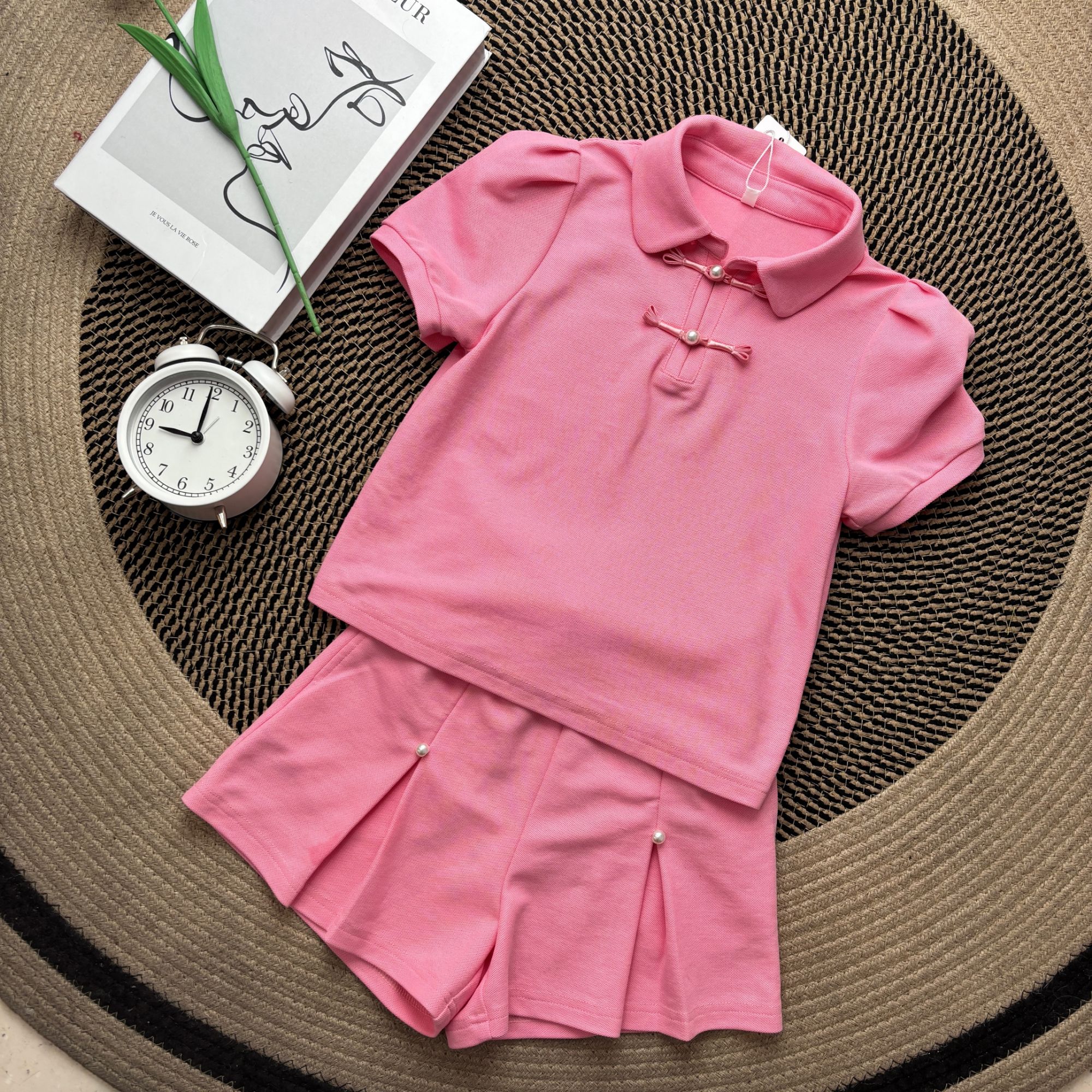 【亲子装】爱依服2025女童春夏款休闲时尚纯色短袖粉色两件套套装