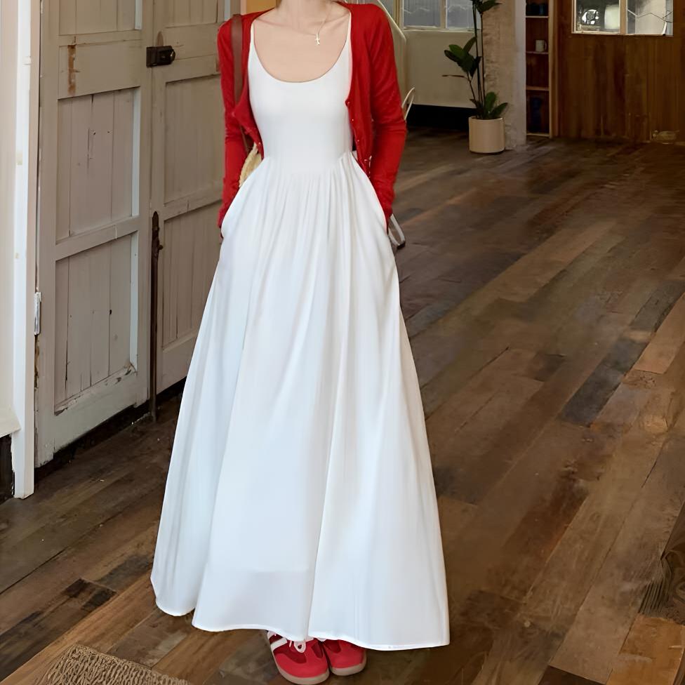 【LiLi】白色吊带连衣裙收腰显瘦设计衣服初恋气质长裙春夏季