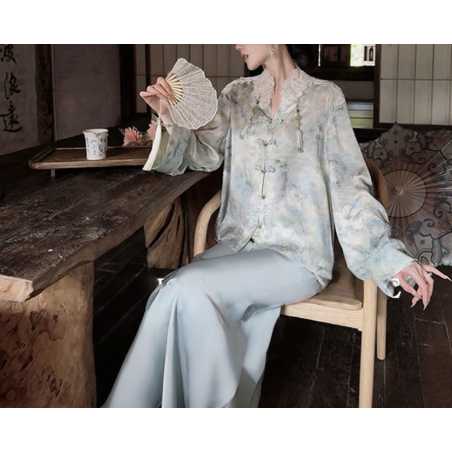 【苔花渡】国风原创提花拼花边外套+缎面半裙套装