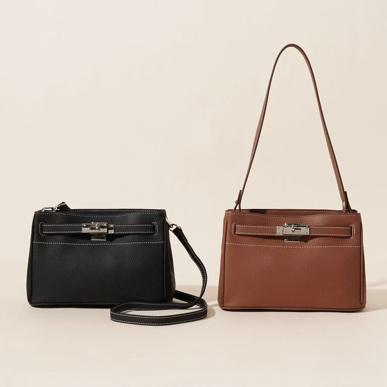 高级牛皮凯莉包单肩手提式拉链腋下包锁扣简约经典百搭轻奢