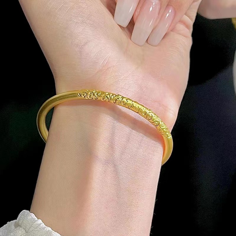 足银手镯 足银手镯 足银铸金卷草纹固口手镯经典百搭轻奢气质女士