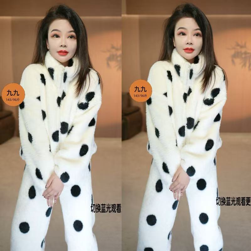 定制小个子秋冬季韩版波点可爱加厚保暖珊瑚绒套装睡衣