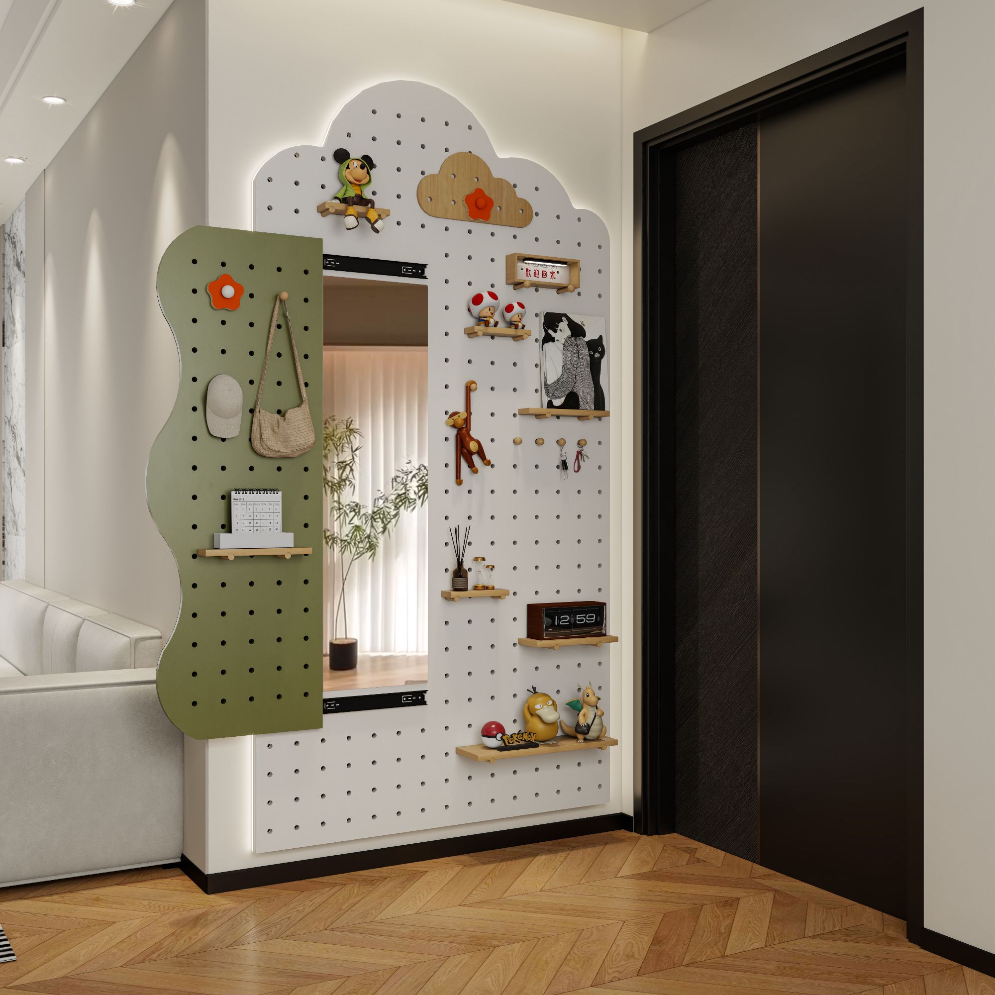 【私人定制】实木洞洞板定制置物架玄关入户墙面收纳架穿衣彩绘