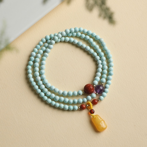 （桃）小福桶蜜蜡吊坠绿松三圈手链（多样性发货）