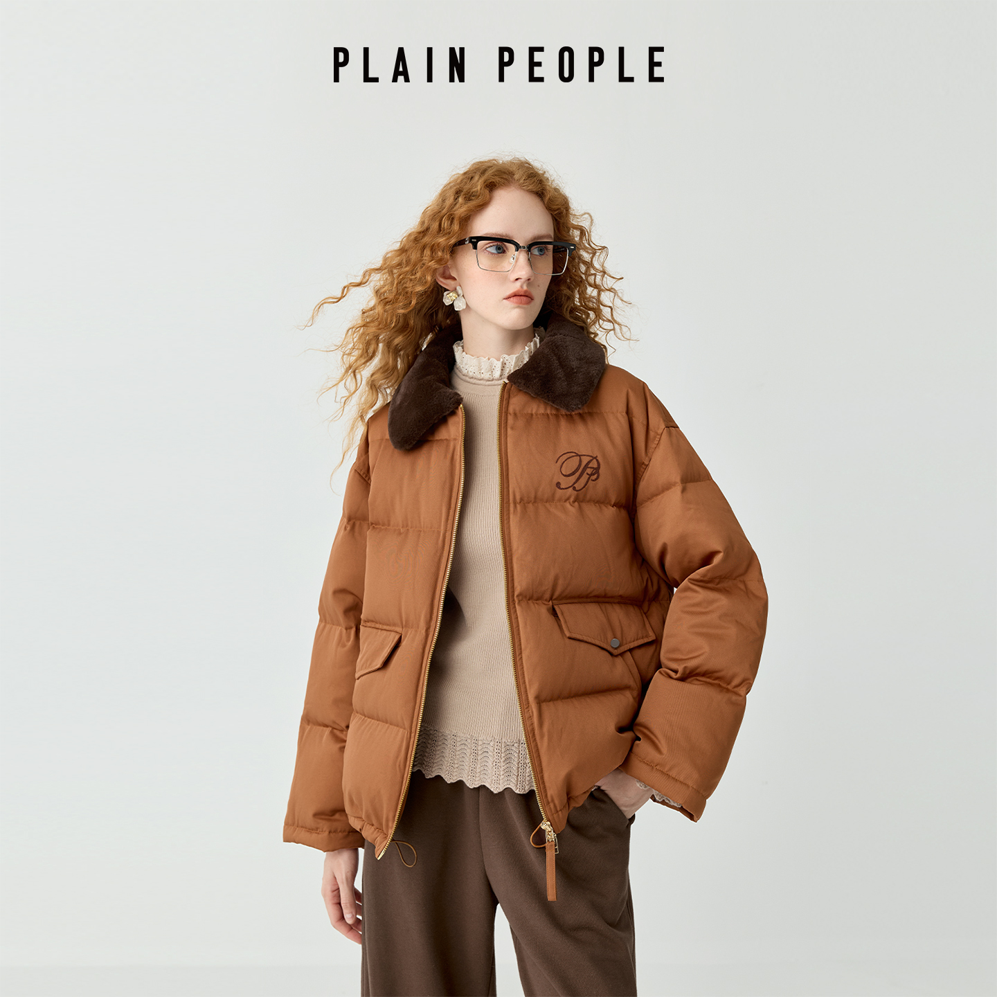 PLAIN PEOPLE巴恩风复古90鸭绒毛绒翻领面包羽绒服外套2025冬新款