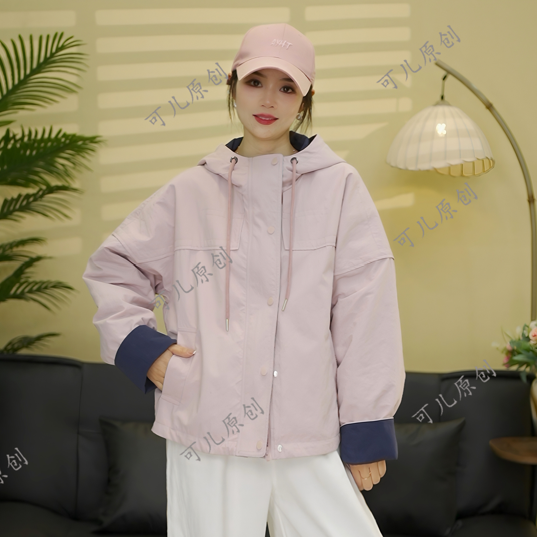 春季新款软三防面料时尚百搭撞色拼接设计韩版女士连帽外套