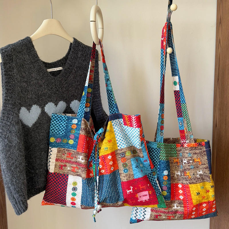 2025春夏季爆款民族风拼布时尚清新单肩包大容量斜挎包抽绳托特包