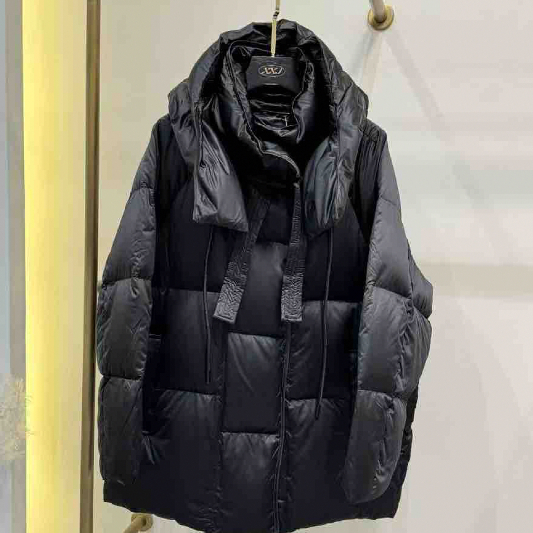 XXJ 女款女装保暖加厚连帽中长款压格长袖显瘦宽松鹅绒服 8800