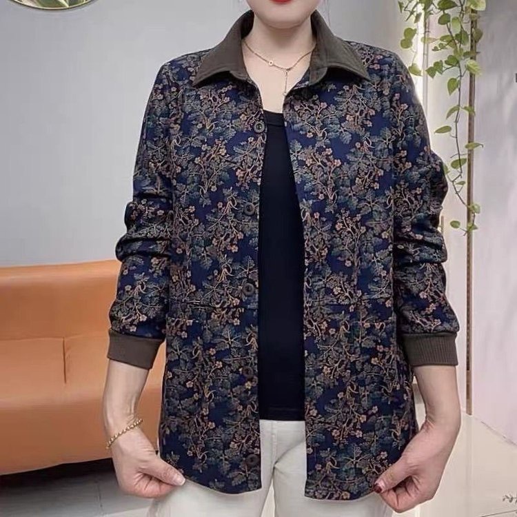 中老年女装春季碎花春秋中年印花宽松外套秋季装洋气休闲短款上衣