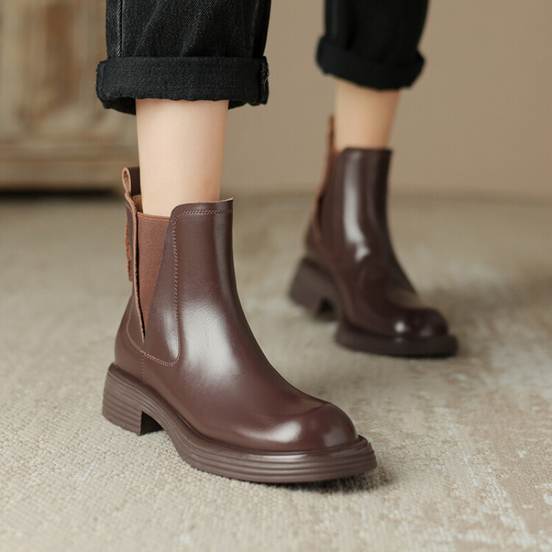 法式复古真皮厚底切尔西靴女秋冬季棕色马丁靴英伦风粗跟短靴739